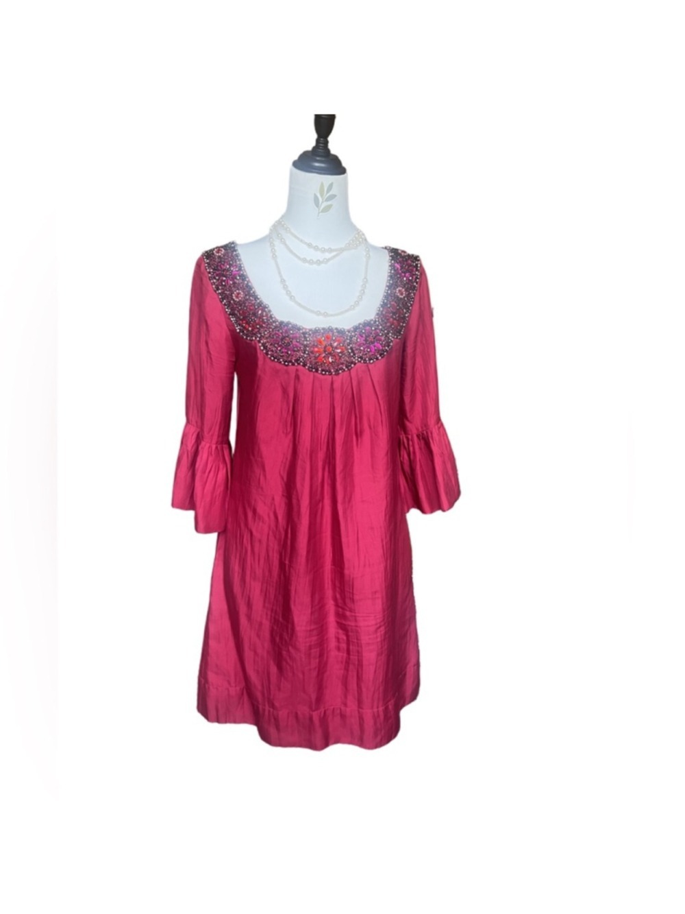 NWT Anthropologie Yoana Baraschi Silk Beaded Dress Fuchsia/Red Boho M